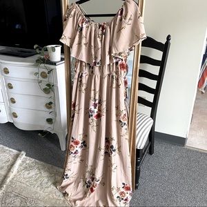 Nude floral off shoulder maxi